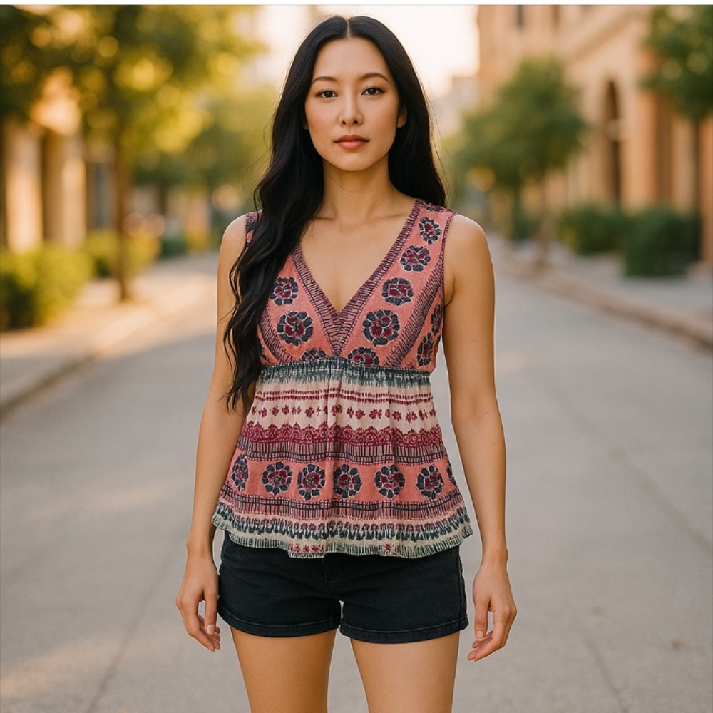 DKNY Vintage Sleeveless Floral Aztec Top Size L Petite